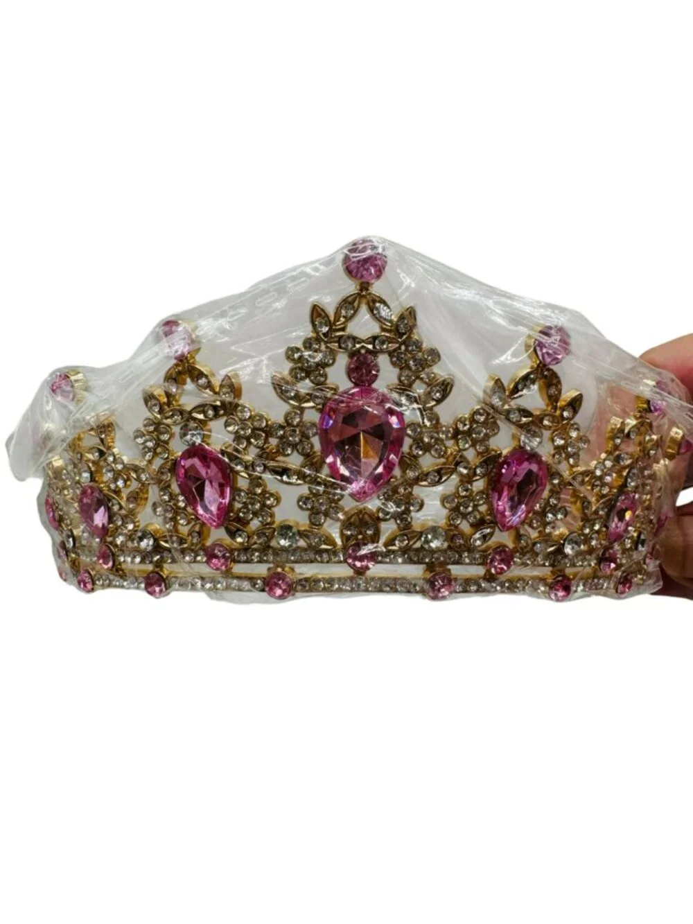 Gold-Tone Crystal Tiara With Pink Gemstones & Intricate Floral Design